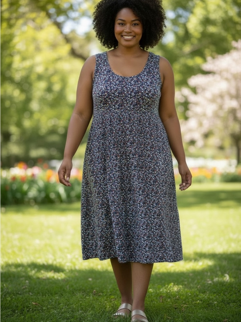 Croft & Barrow Blue Floral Elastic Bodice Dress  with pockets 2X